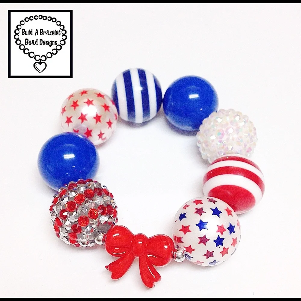 Handmade Patriotic Red White Blue Bubblegum Bracelet Bow Charm Stars USA 250